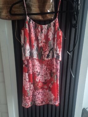 Floral Red Spaghetti-Strap Mini Dress with Pink Blossom Print